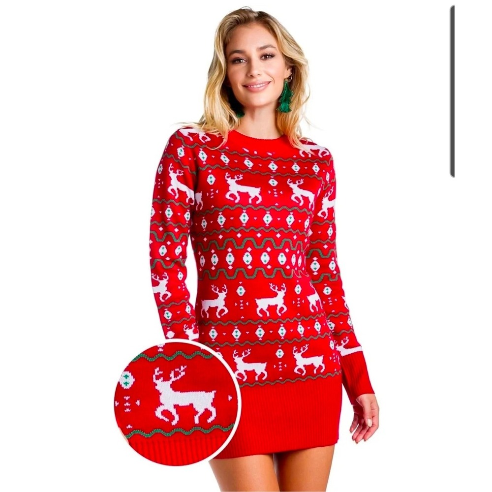 Tipsy Elves Womens Red‎ Reindeer Fair Isle Christmas Sweater Dress Plus Size 2X